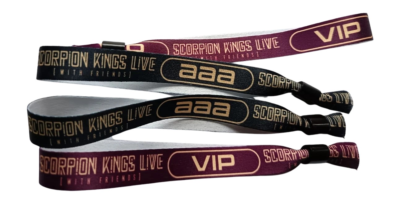Satin/polyester fabric event wristbands with custom woven branding