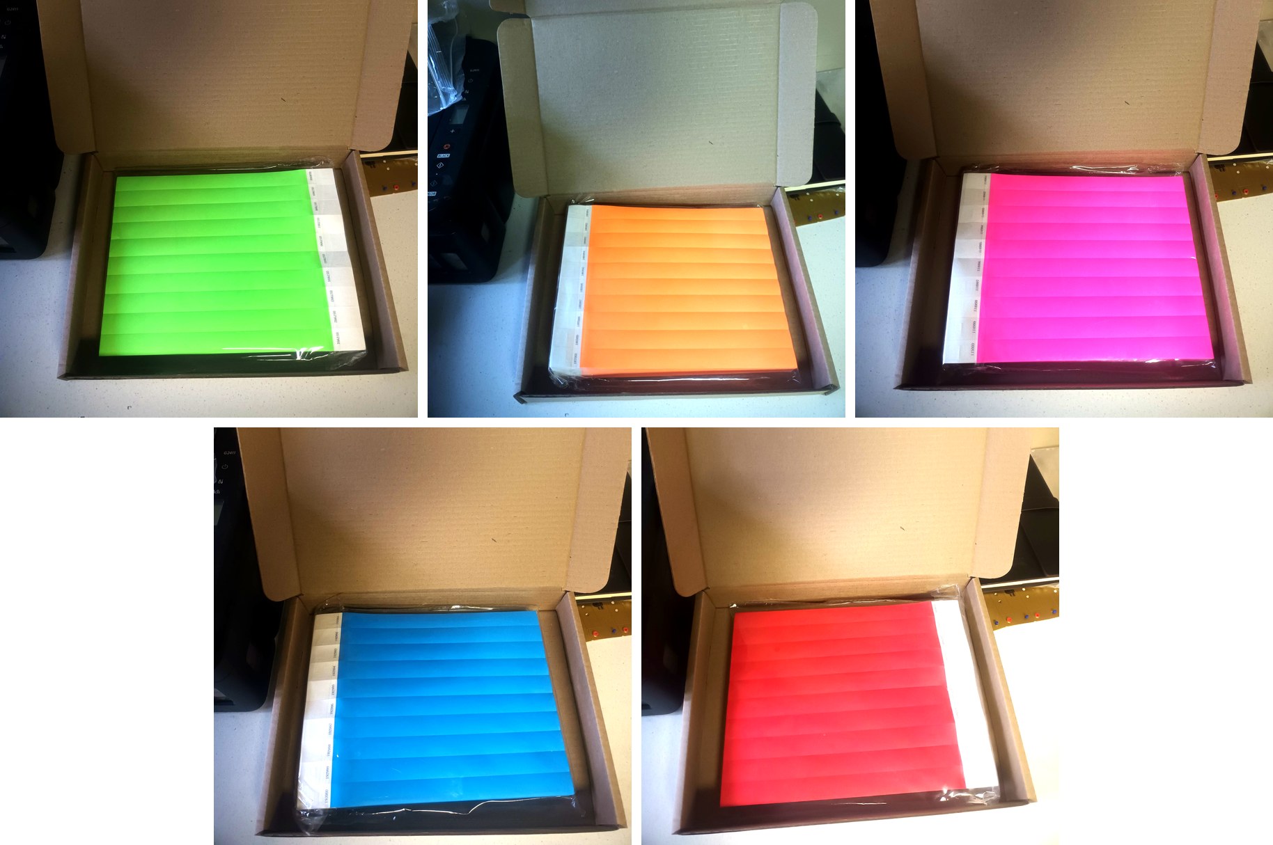 Tyvek event wristbands in a range of stock colours